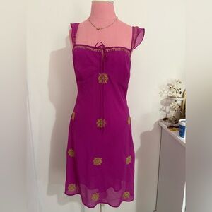New York & Company Bright Magenta Dress with Gold Embroidery